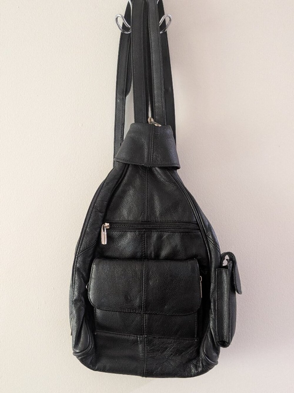 Vintage Black Genuine Leather Convertible Sling Backpack Bag